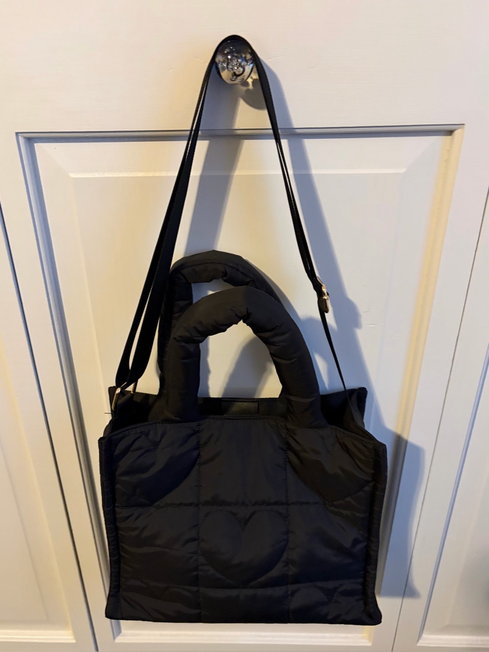 Black Quilted Heart Nylon Tote. New